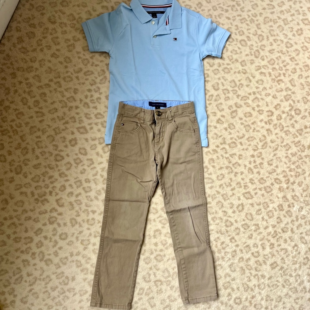Tommy Hilfiger tan pats and blue polo (size 6)